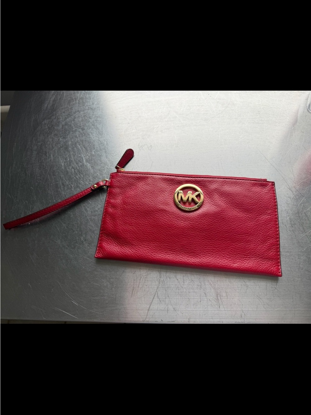 Michael Kors Red Leather Wristlet with Gold MK Emblem